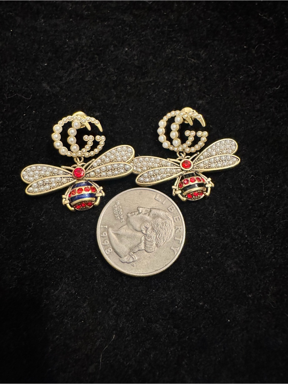 Gucci Gold Bee Drop Earrings with Pearl GG and Red Accents - Picture 4 of 4